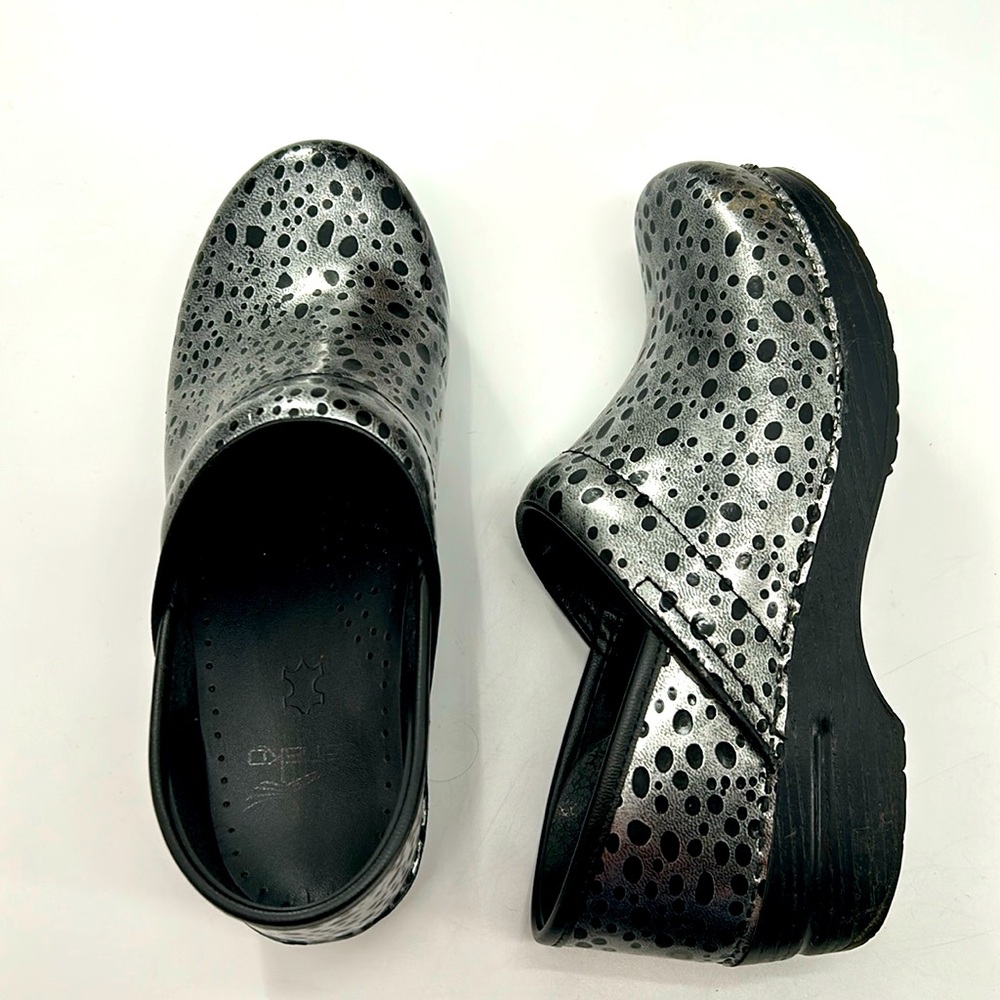 Dansko Silver/ Black Raindrop Closed Back Clogs, size 38